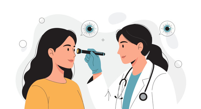 Ophthalmologist examines patient's eye with a penlight during an eye exam, vector illustration