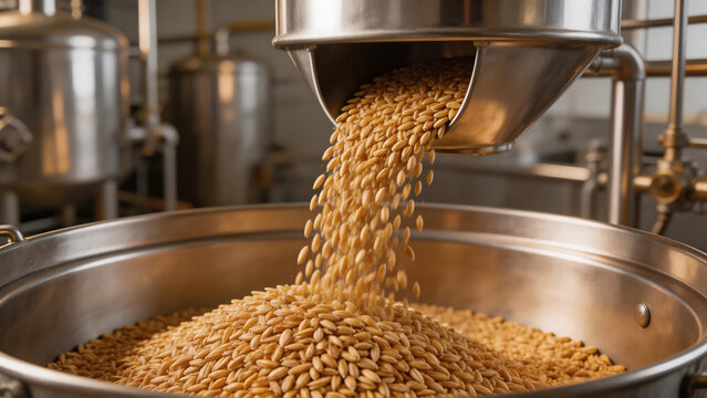 Grains pouring into metal container