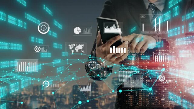 A business professional engages with a smartphone amidst a display of futuristic data graphics and charts, set against a vibrant city skyline at night. Xenic