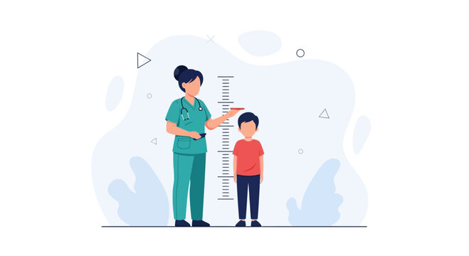Pediatrician measuring child's height with stadiometer against growth chart, healthcare and development concept