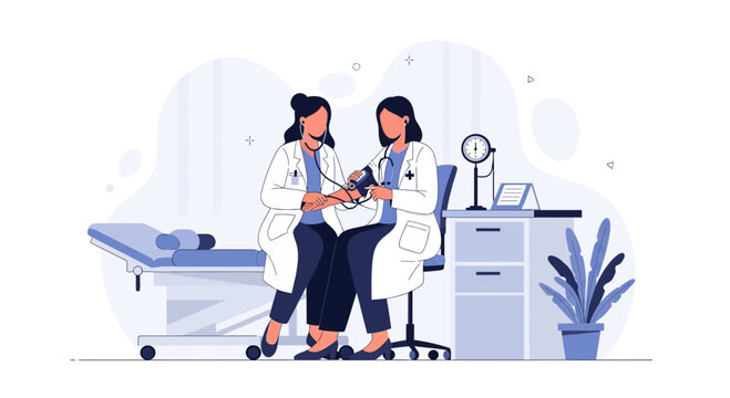 Vector Illustration of Two Female Doctors in a Medical Office Performing a Blood Pressure Check