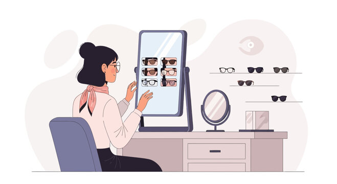 Woman choosing eyeglasses at optical store, trying on frames using a large mirror and digital display