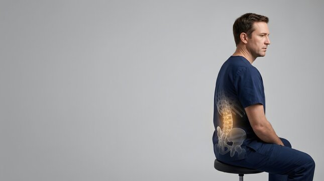 Man Sitting With Lower Back Pain Anatomy Overlay Healthcare Concept