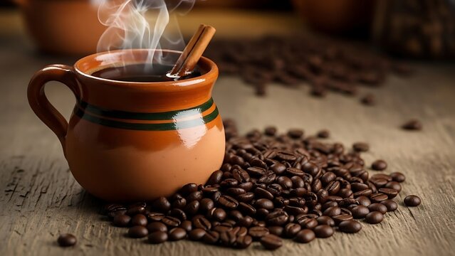 Dark roasted coffee beans in cup on wooden surface.