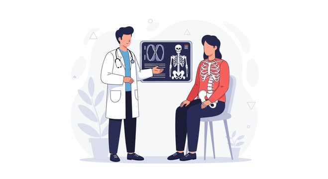 Doctor consulting patient about bone health, showing X-ray scan of skeleton