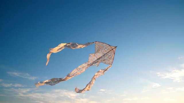 Joyful Freedom of Beautiful Kite Flying in Clear Blue Sky, Its Delicate Fabric Dancing in Wind, Evoking Tranquility and Elegance