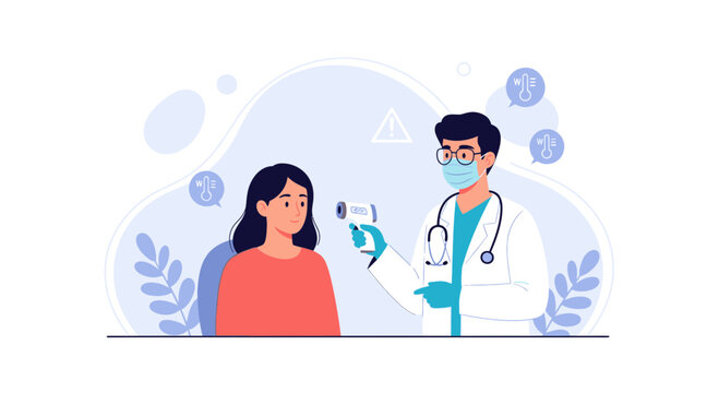 Doctor checking patient's temperature with infrared thermometer for fever detection, medical check-up, healthcare, and disease prevention illustration