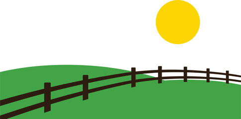 Obraz premium Minimalist green hill landscape with wooden fence vector illustrationMinimalist green hill landscape with wooden fence vector illustration