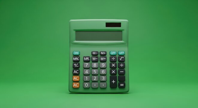 A close-up photo of a green calculator on a green background
