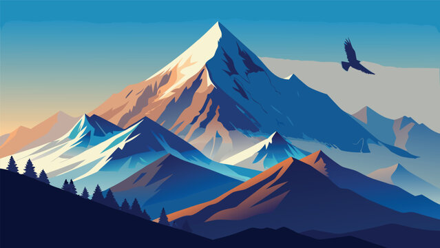 Majestic snowy mountain peak and flying eagle at sunrise with mountain landscape climbing adventure wildlife wilderness altitude panoramic majestic environment elevation exploration