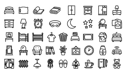 Fototapeta premium Bedroom and sleep related line icons set vector illustration