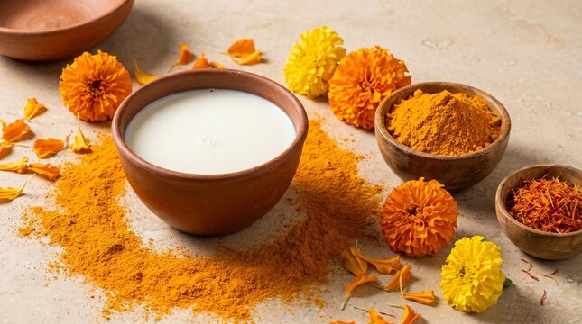 Traditional nag panchami preparation with turmeric powder, milk, and marigold flowers on beige surface. Nag panchami includes vibrant turmeric ingredients and decorative elements
