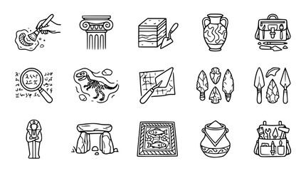 Archaeology Icons Set: Digging, Artifacts, Fossils, Tools, Ancient History Discoveries © Instrumen