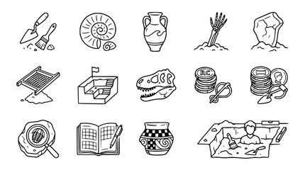 Archaeology Icons: Digging, Fossils, Artifacts, Excavation, Discovery, History Line Art © Instrumen