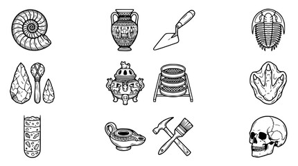 Archaeology and Paleontology Icon Set: Fossils, Tools, and Artifacts - Line Art © Instrumen