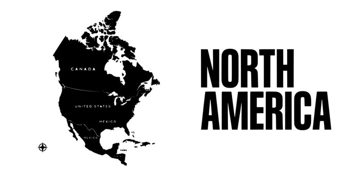 Map of North America with Country Labels in Bold Typography, Black and White Vector Illustration for Travel Concept Design