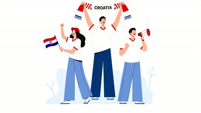 Editorial vector animation of Croatia football supporters celebrating victory with flags, scarves, and cheers. Modern flat character motion graphics for soccer, sports events, and Croatian fans.