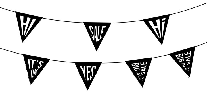 Flag Banner Made of Black and White Triangular Sale Pennants Strung in a Curved Line for Retail Promotions Concept