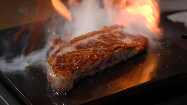 鉄板で焼くステーキ（スローモーション）