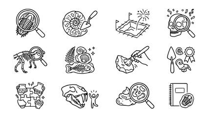 Paleontology Icons: Fossils, Digging, Discovery, Science, History, Archaeology, Illustration © Instrumen