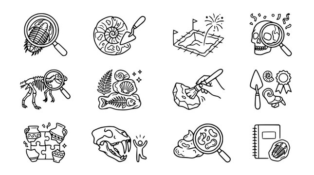 Paleontology Icons: Fossils, Digging, Discovery, Science, History, Archaeology, Illustration