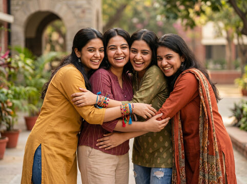 Young Indian Women Sharing Group Hug During Friendship Day Celebration with Sisterhood, Emotional Support, Women Empowerment, Togetherness, Happiness and Strong Social Bonds