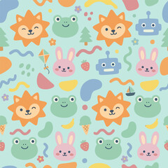 Fototapeta premium Cute Kawaii Robot Animals Seamless Pattern for Kids and Nursery