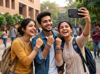 Obraz premium Young Friends Taking Selfie Together During Friendship Day Celebration with Social Media Culture, Youth Lifestyle, College Friendship, Community Connection and Memorable Moments