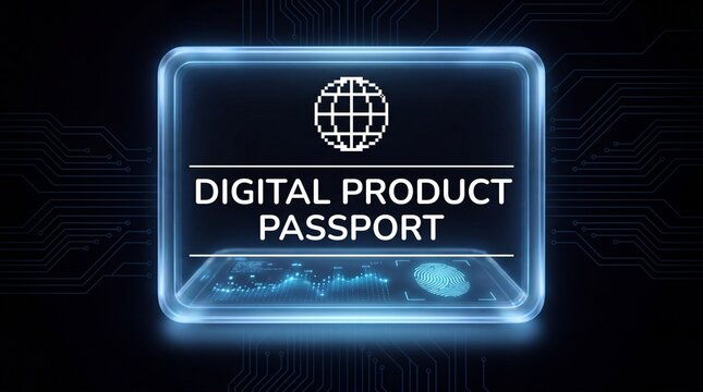 Digital product passport on a futuristic screen with glowing blue lines and a fingerprint icon on a dark background with circuit board pattern
