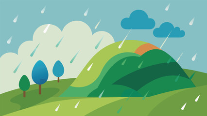 Fototapeta premium Rainy landscape with stylized green hills and simple trees landscape background illustration environment tranquil minimalist creative atmosphere peaceful elements abstract decorative