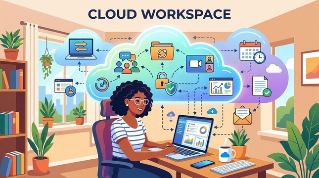 A woman working on her laptop in a modern home office with a cloud workspace