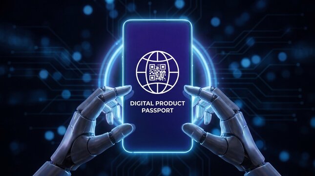 Robotic hands holding a smartphone with a digital product passport on the screen displaying a globe and QR code for secure identification and verification