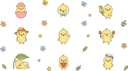 Fototapeta premium Cute Baby Chick Characters Collection Featuring Adorable Cartoon Chicks with Flowers Hearts Eggs and Springtime Illustrations