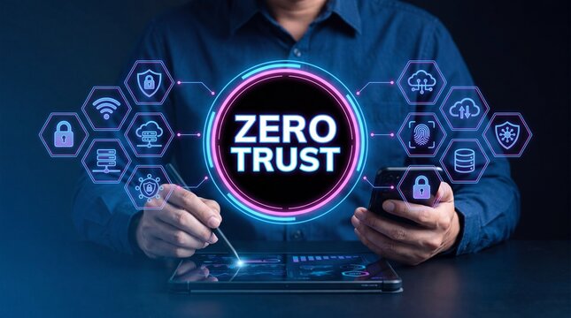 Businessman holding a tablet and smartphone with a zero trust concept on the screen in a dark background with neon blue and pink icons