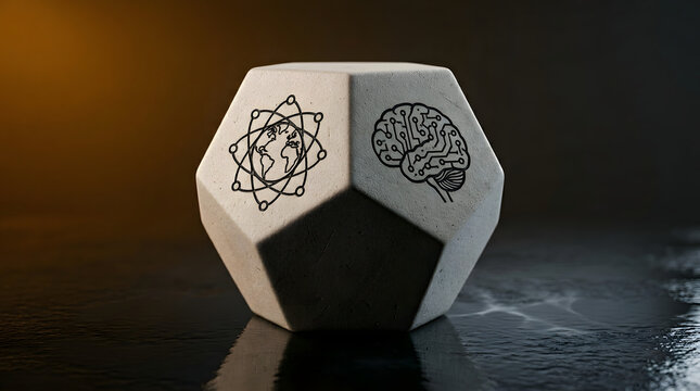 3D dodecahedron with AI and connectivity icons on dark surface