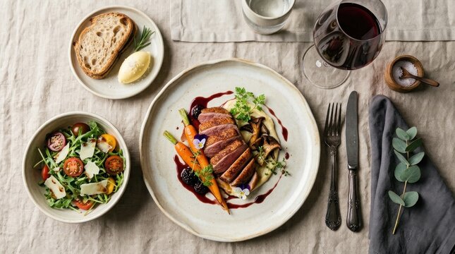 A beautifully plated meal with a side salad, featuring a sliced duck breast, roasted vegetables, and a red wine sauce, accompanied by a slice of bread and a glass of red wine on a rustic tablecloth.