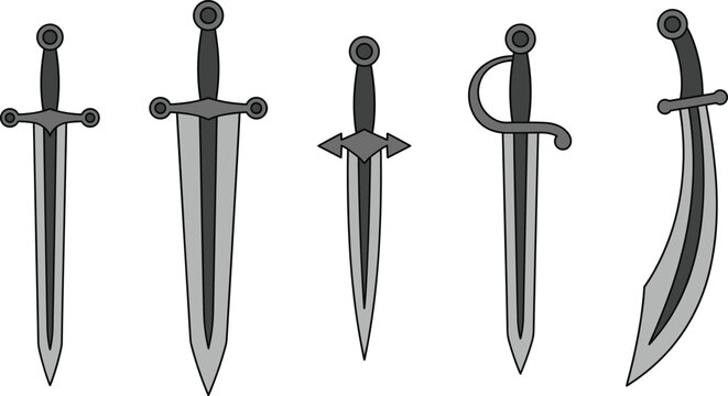 Clean vector illustration collection of medieval swords daggers and curved scimitars for game inventory assets