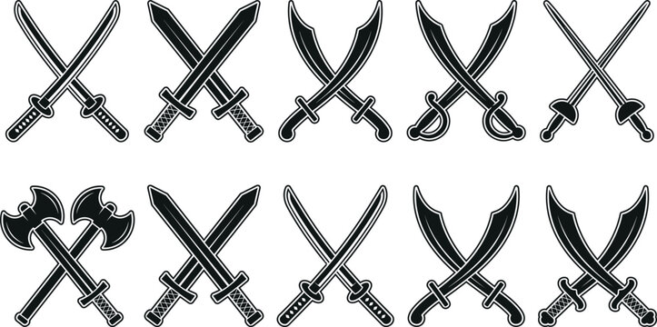 Collection of crossed swords and battle axes black vector silhouettes for game UI and heraldic emblems