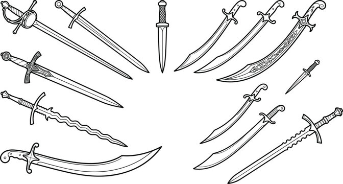 Diverse line art vector outline collection of medieval swords scimitars and daggers for gaming weapon inventory assets
