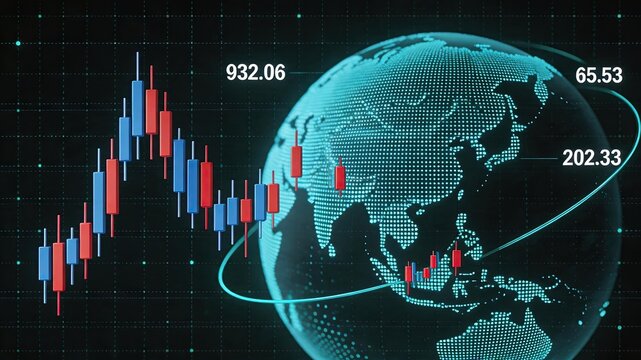 Global stock market candlestick chart overlaid on digital globe background, representing international trading, forex exchange rates, and economic fluctuations worldwide.