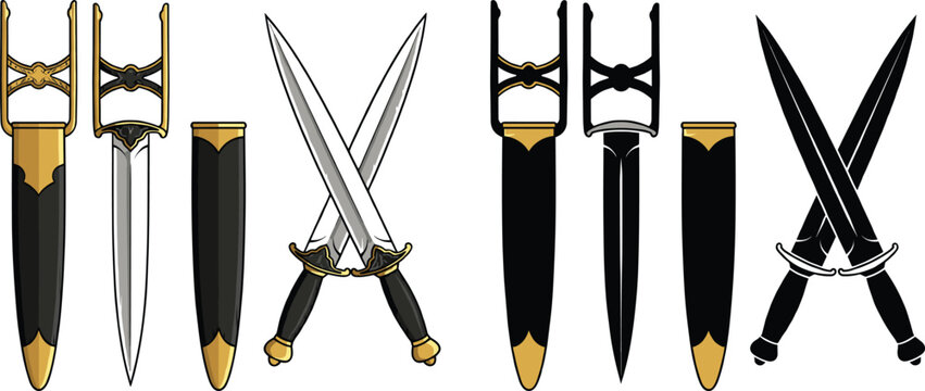 Fantasy dagger and scabbard vector collection with crossed blades and silhouettes for game asset design