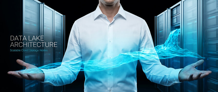 Man presenting data lake architecture with glowing blue digital streams in a server room