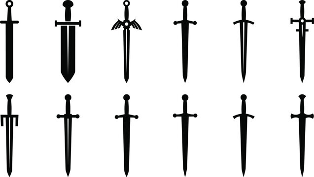 Flat vector silhouette collection of medieval swords and fantasy daggers for gaming user interface inventory icons