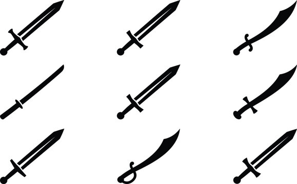 Flat vector silhouette collection of medieval swords and curved sabers for video game inventory icons