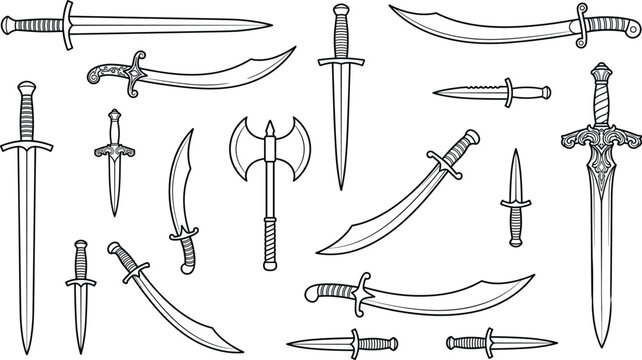 Line art illustration set of medieval swords daggers and a battle axe for fantasy gaming assets