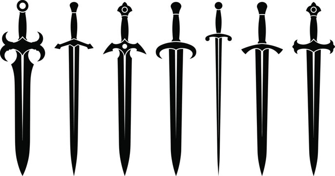 Medieval and fantasy sword silhouettes vector set for gaming user interface and logo design