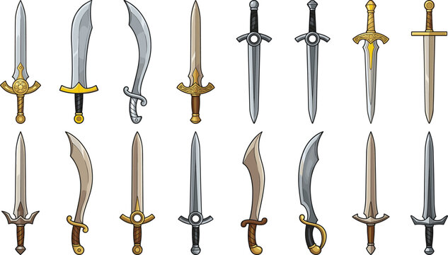 Medieval fantasy sword and dagger vector cartoon set for roleplaying video game inventory interface icons