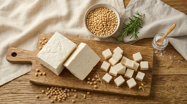 Fresh tofu blocks and diced cubes are arranged on a rustic wooden board alongside a bowl of soybeans, fresh rosemary, and sea salt.