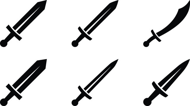 Minimalist black vector sword silhouette icon collection for fantasy RPG gaming user interface and inventory design