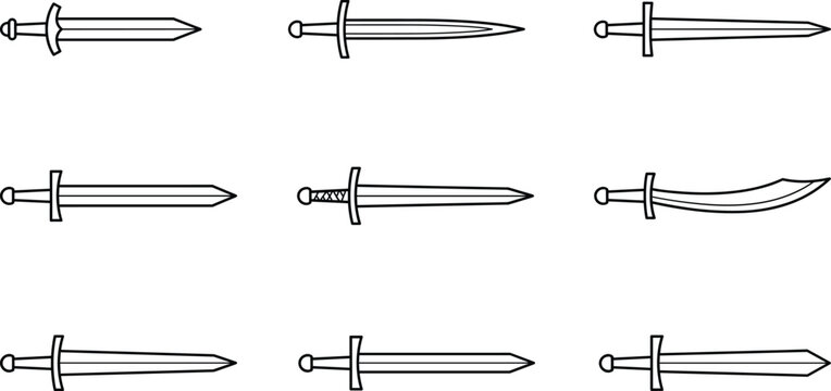 Minimalist line art vector icon set of medieval swords daggers and scimitars for gaming assets